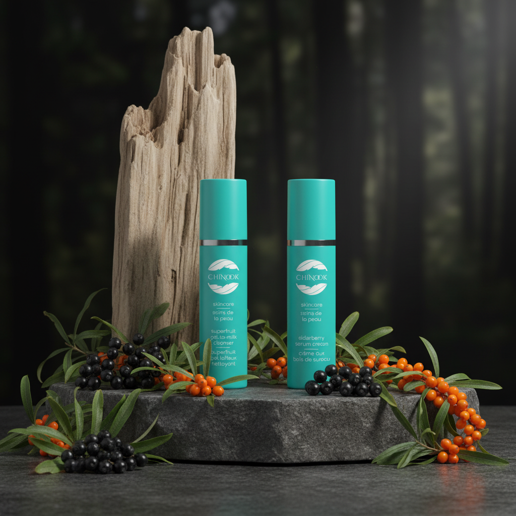 Two teal bottles with a Chinook Skincare brand logo on a dark stone platform surrounded by greenery and berries.