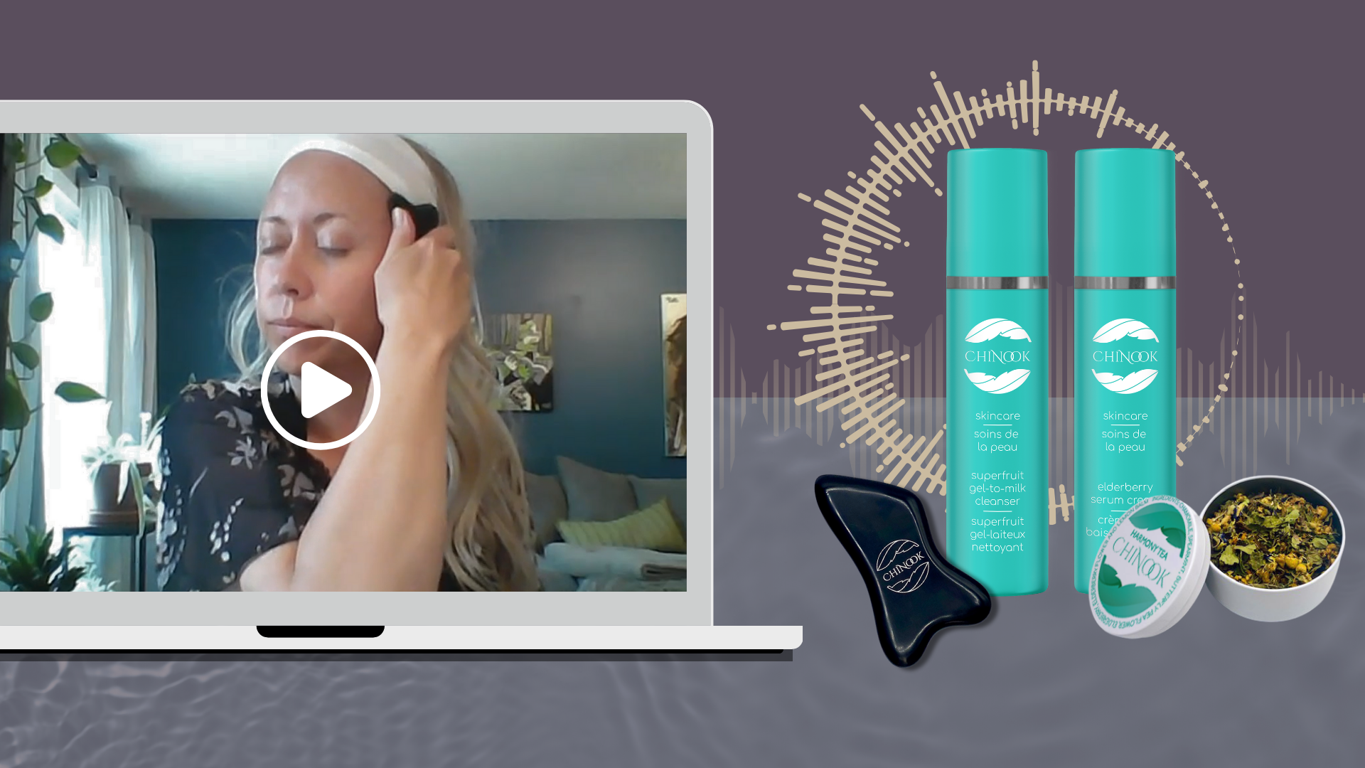 Summer Solstice Superfruit Gel-to-Milk Cleanser and Elderberry Serum Cream Bottles - Chinook Skincare Promo Website Banner