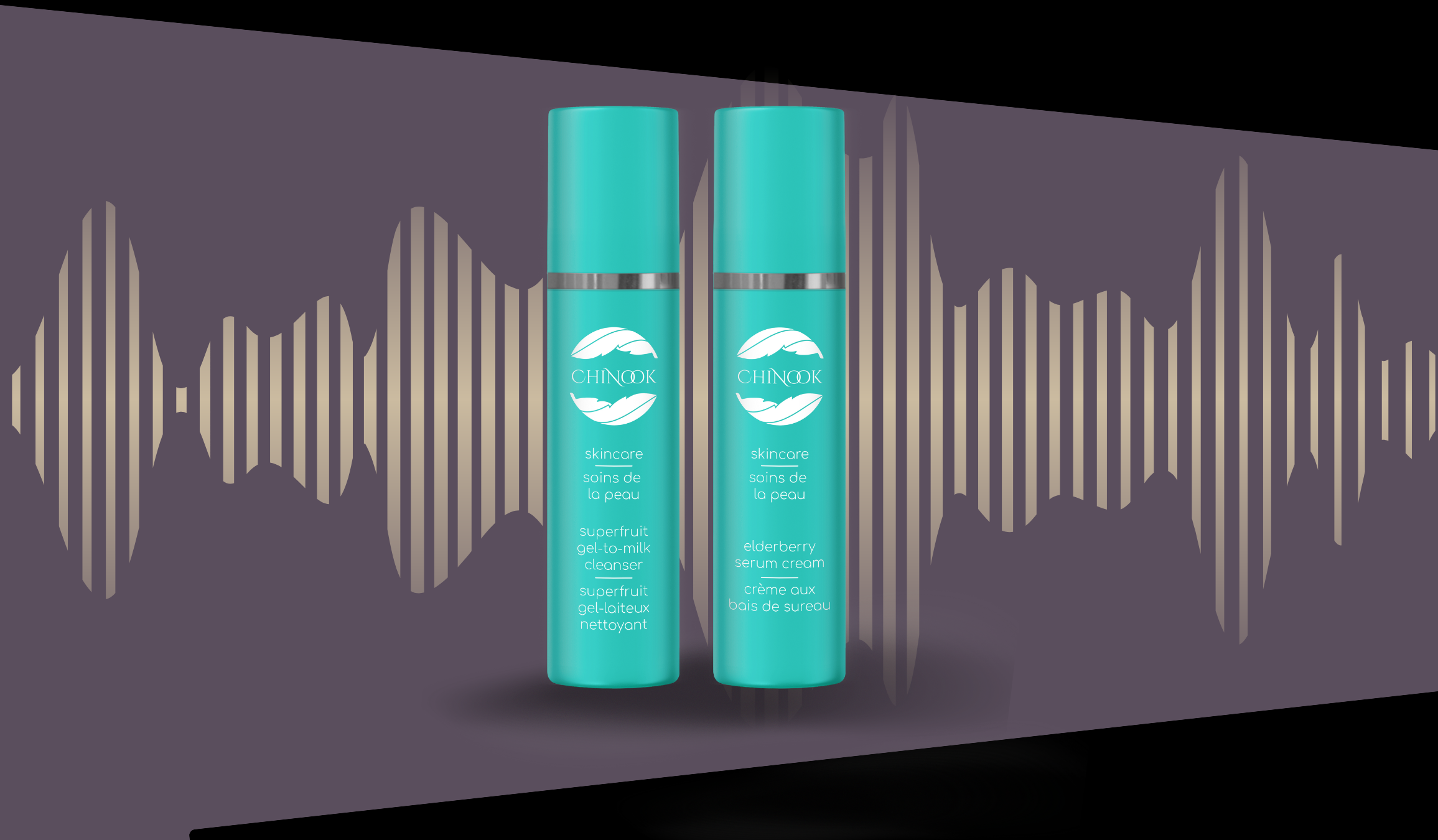 Superfruit Gel-to-Milk Cleanser and Elderberry Serum Cream Bottles - Chinook Skincare Website Banner