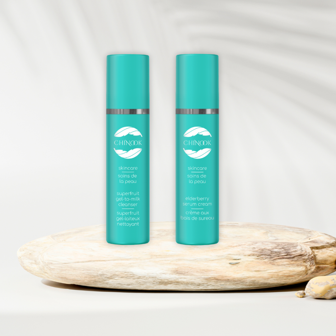 Superfruit Gel-to-Milk Cleanser and Elderberry Serum Cream Bottles - Chinook Skincare