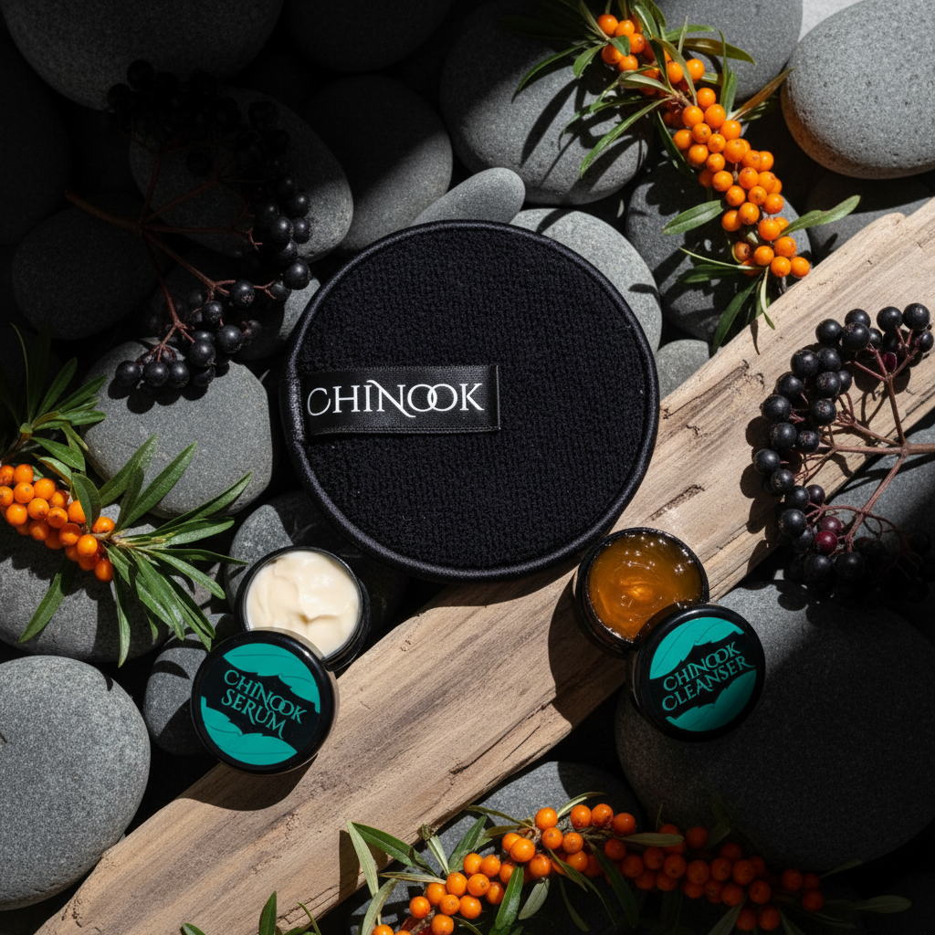 Chinook skincare Mini Ritual Starter Kit including the Superfruit Gel-To-Milk Cleanser and the Elderberry Serum cream on a natural background with stones and berries