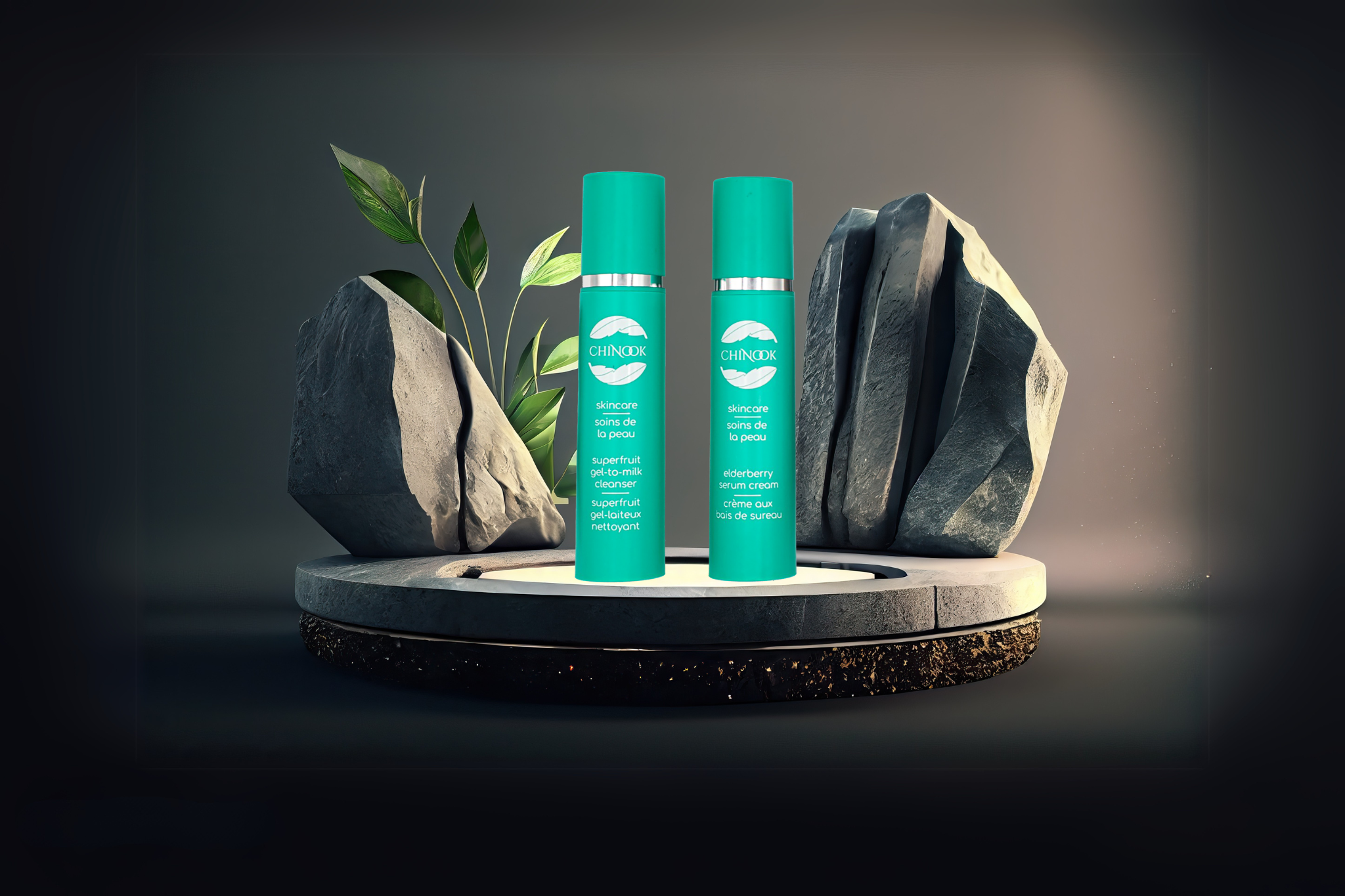 Superfruit Gel-to-Milk Cleanser and Elderberry Serum Cream Bottles - Chinook Skincare banner
